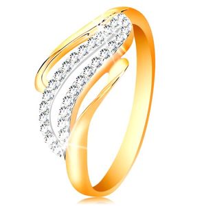 Złoty pierścionek 14K - zakrzywione linie ramion, lśniące bezbarwne cyrkonie - Rozmiar : 52