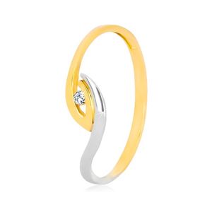 Złoty pierścionek 375 - asymetrycznie zagięte końce ramion, lśniąca cyrkonia - Rozmiar : 60