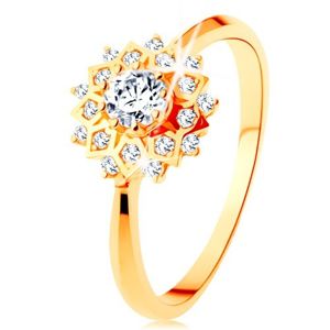 Złoty pierścionek 375 - błyszczące słońce ozdobione okrągłymi przezroczystymi cyrkoniami - Rozmiar : 52