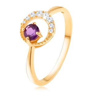 Złoty pierścionek 375 - cienki cyrkoniowy półksiężyc, ametyst w fioletowym odcieniu - Rozmiar : 52
