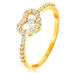 Złoty pierścionek 375 - cyrkoniowe ramiona, błyszczący przezroczysty zarys serca z cyrkonią - Rozmiar : 50