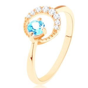 Złoty pierścionek 375 - sierp księżyca ozdobiony przejrzystymi cyrkoniami, niebieski topaz - Rozmiar : 60