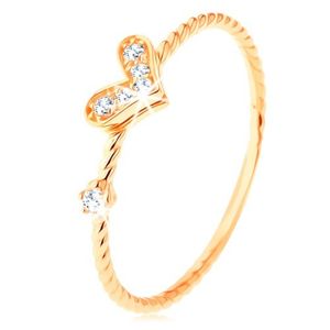 Złoty pierścionek 375, spiralnie skręcone ramiona, błyszczące serduszko, cyrkonia - Rozmiar : 60