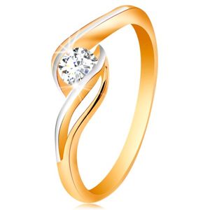 Złoty pierścionek 585 - bezbarwna cyrkonia, rozdzielone i faliste ramiona - Rozmiar : 49