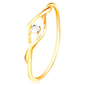 Złoty pierścionek 585 - bezbarwna okrągła cyrkonia pomiędzy cienkimi falami - Rozmiar : 51