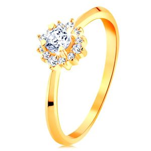 Złoty pierścionek 585 - błyszczący kwiatek z przezroczystych cyrkonii, cienkie lśniące ramiona - Rozmiar : 54