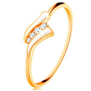 Złoty pierścionek 585 - dwie białe fale, pas przezroczystych cyrkonii, lśniące ramiona - Rozmiar : 54