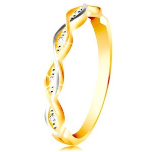 Złoty pierścionek 585 - dwie cienkie splecione fale z białego i żółtego złota, cyrkonie - Rozmiar : 52