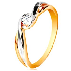 Złoty pierścionek 585 - dwukolorowe, rozdzielone i faliste ramiona, bezbarwna cyrkonia - Rozmiar : 55