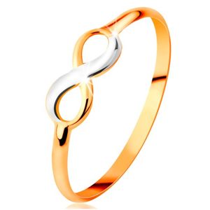 Złoty pierścionek 585 - dwukolorowy lśniący symbol nieskończoności, wąskie gładkie ramiona - Rozmiar : 57