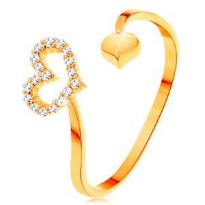 Złoty pierścionek 585 - faliste ramiona zakończone zarysem serca i pełnym serduszkiem - Rozmiar : 63