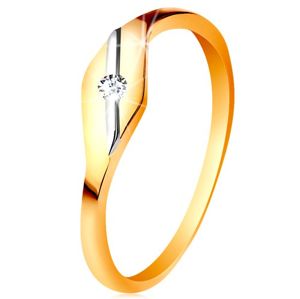 Złoty pierścionek 585 - lśniące ziarnko, ukośna linia z białego złota i bezbarwna cyrkonia - Rozmiar : 59