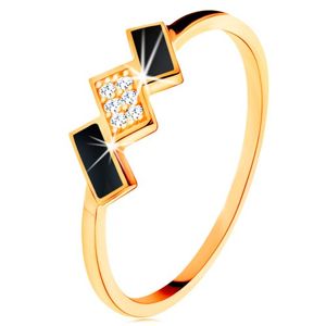 Złoty pierścionek 585 - prostokąty ozdobione czarną emalią i cyrkoniami - Rozmiar : 56