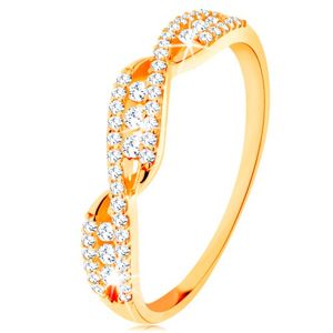 Złoty pierścionek 585 - przeplecione faliste ramiona, okrągłe bezbarwne cyrkonie - Rozmiar : 52