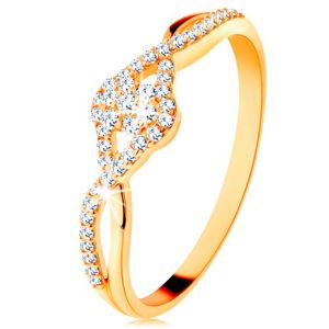 Złoty pierścionek 585 - przeplecione rozdwojone ramiona, przezroczysty cyrkoniowy kwiatek - Rozmiar : 54