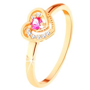 Złoty pierścionek 585 - różowe cyrkoniowe serduszko w podwójnym zarysie - Rozmiar : 63