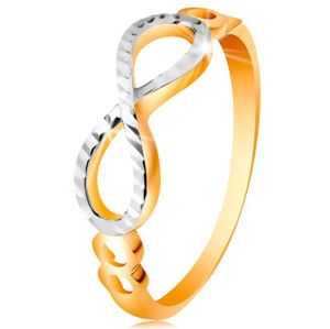 Złoty pierścionek 585 - symbol nieskończoności ozdobiony białym złotem i nacięciami - Rozmiar : 49