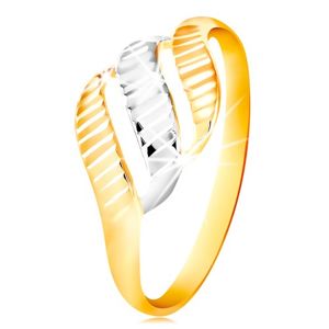Złoty pierścionek 585 - trzy fale z żółtego i białego złota, lśniące nacięcia - Rozmiar : 49
