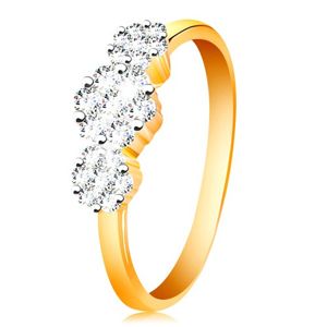 Złoty pierścionek 585 - trzy lśniące kwiaty z bezbarwnych cyrkonii, cienkie błyszczące ramiona - Rozmiar : 50