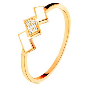 Złoty pierścionek 585 - ukośne prostokąty pokryte białą emalią i cyrkoniami - Rozmiar : 49