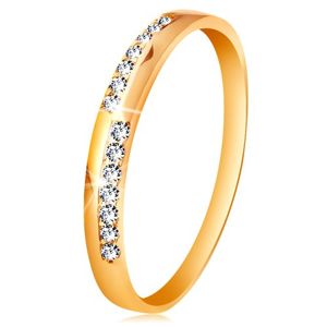 Złoty pierścionek 585 - wąskie linie z bezbarwnych błyszczących cyrkonii, wysoki połysk - Rozmiar : 56