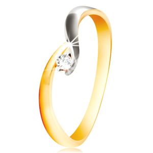 Złoty pierścionek 585 - zakrzywione dwukolorowe ramiona, błyszcząca przezroczysta cyrkonia - Rozmiar : 51