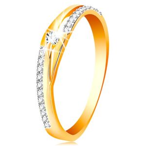 Złoty pierścionek 585 -rozdzielone linie ramion, błyszczące pasy i przezroczysta cyrkonia  - Rozmiar : 62