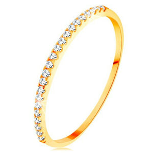 Złoty pierścionek 585 - cienkie lśniące ramiona, błyszcząca cyrkoniowa linia bezbarwnego koloru - Rozmiar : 63