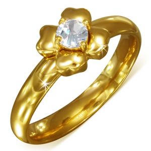 Złoty pierścionek ze stali nierdzewnej z bezbarwną cyrkonią - kwiat - Rozmiar : 52