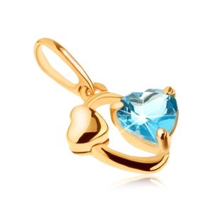 Złoty wisiorek 375 - zarys owalu, lśniące serduszko, serce z niebieskiego topazu