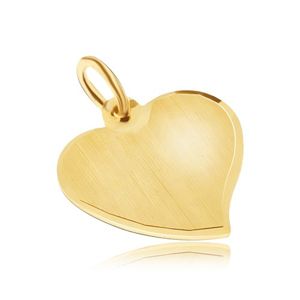 Złoty wisiorek 585 - asymetryczne płaskie serce, satynowa powierzchnia, lśniące krawędzie