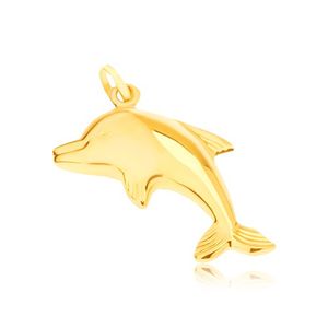 Złoty wisiorek 585 - lustrzany, lśniący skaczący delfin, przestrzenny