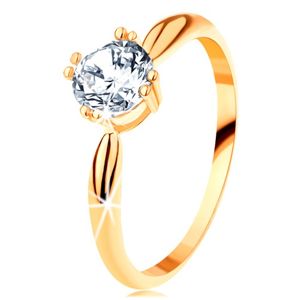 Złoty zaręczynowy pierścionek 585 - zaokrąglone ramiona, błyszcząca okrągła cyrkonia bezbarwnego koloru - Rozmiar : 50