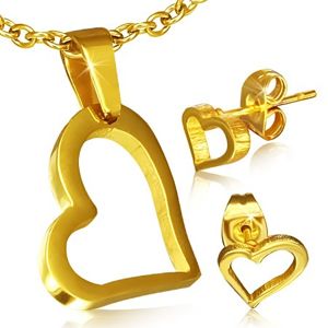Złoty zestaw ze stali chirurgicznej - kolczyki i wisiorek, asymetryczny zarys serca
